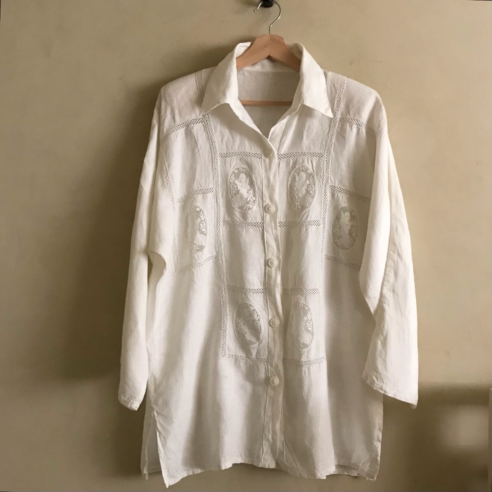 Vintage White Linen Cherub Lace Shirt